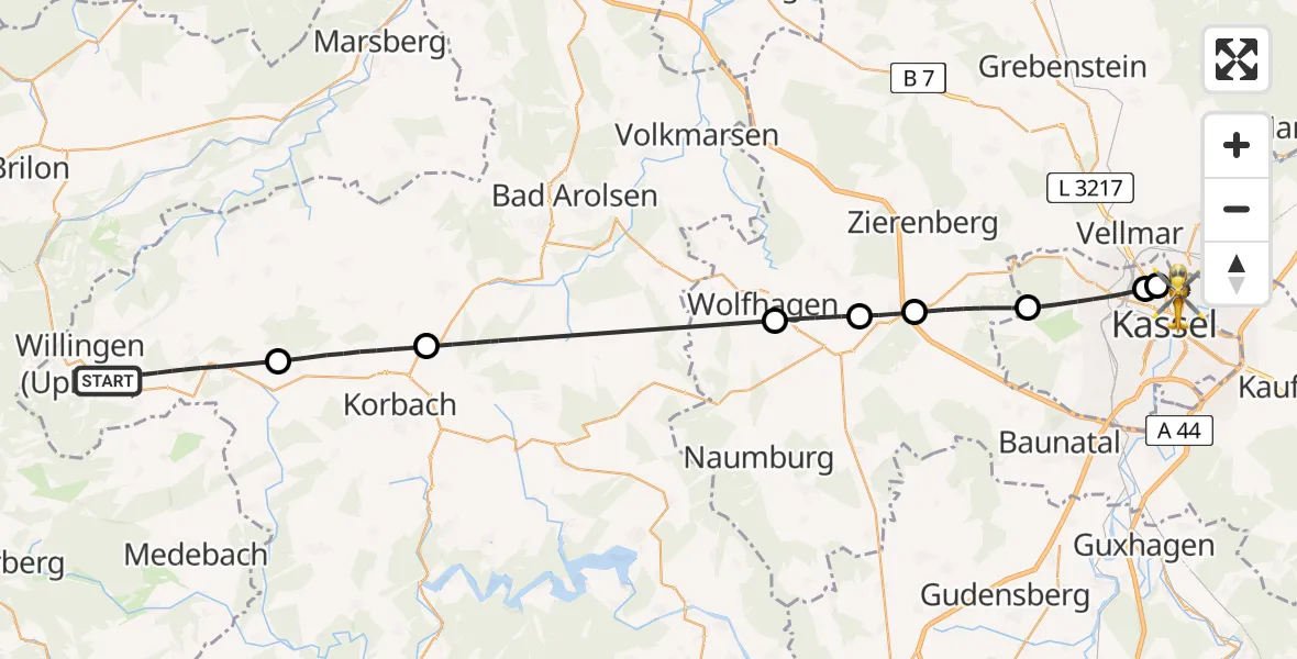 Flugroute Rettungshubschrauber Willingen (Upland) - Kassel, 02 Mai 2026, 14:29