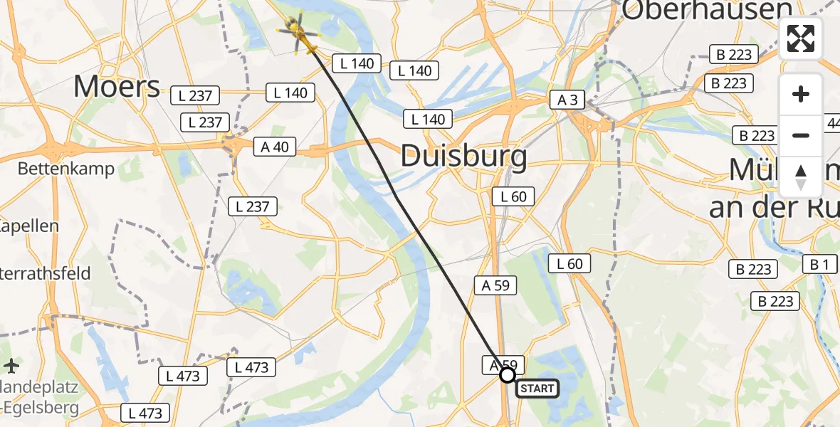 Flugroute Rettungshubschrauber Duisburg Air Rescue Hubschrauberlandeplatz (Christoph 9) - Duisburg, 02 Mai 2026, 14:32