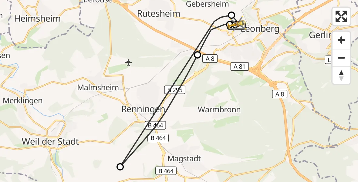 Flugroute Rettungshubschrauber Leonberg Hospital - Leonberg Hospital, 02 Mai 2026, 14:34