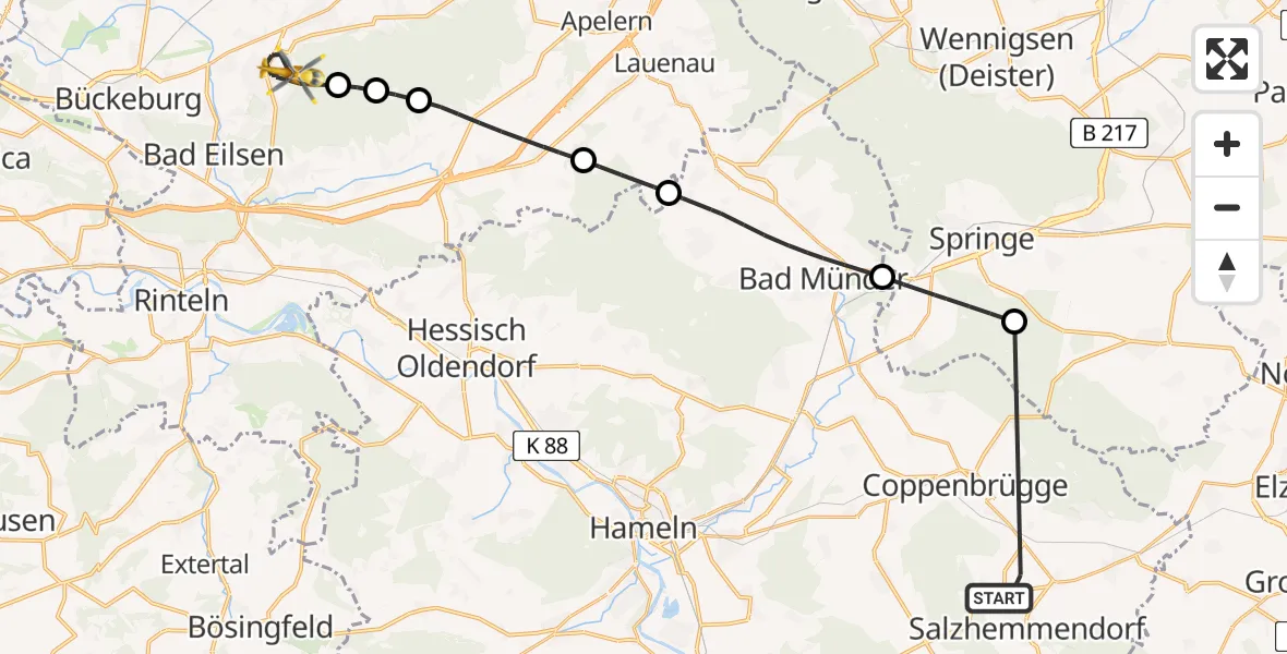 Flugroute Rettungshubschrauber Salzhemmendorf - Obernkirchen, 02 Mai 2026, 14:35