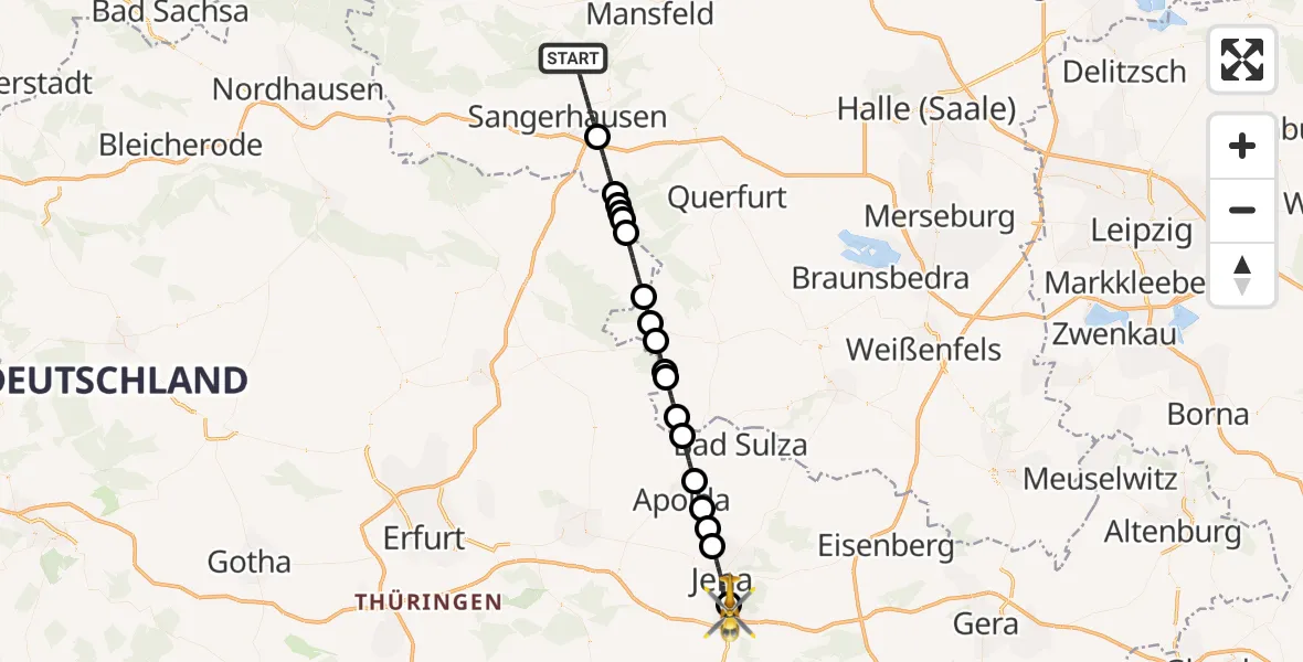 Flugroute Ambulanzhubschrauber Sangerhausen - Lobeda Hubschrauberlandeplatz, 02 Mai 2026, 14:40