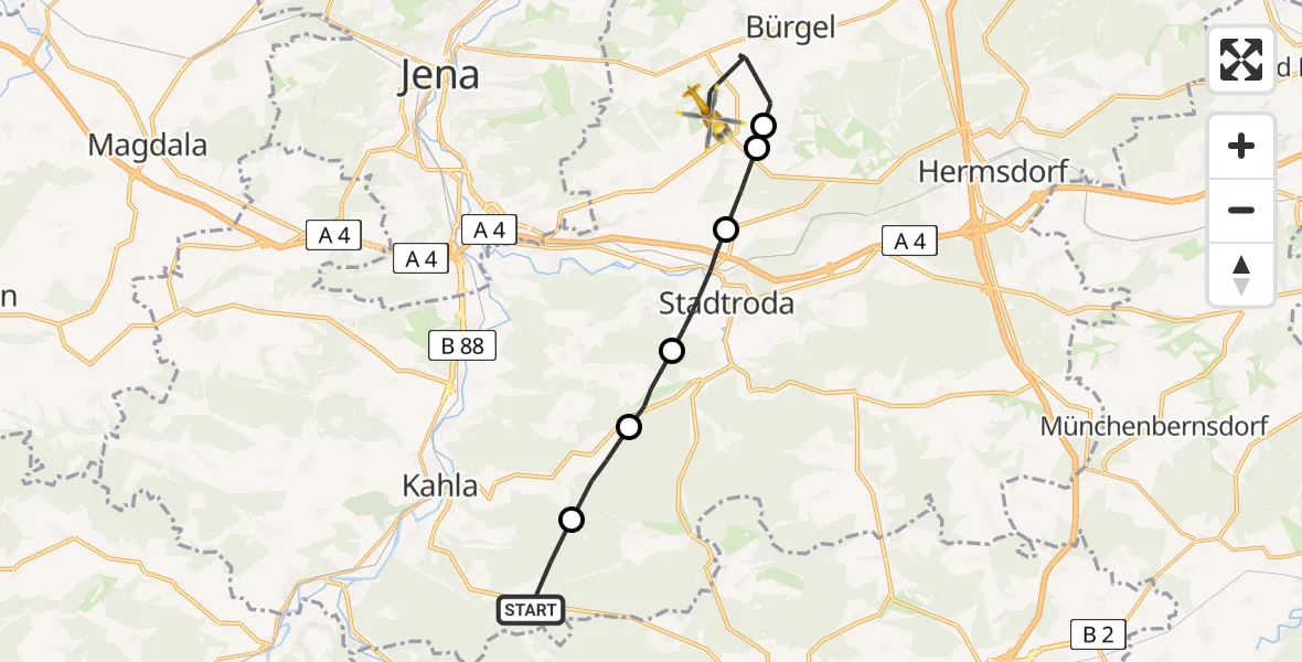 Flugroute Rettungshubschrauber Hummelshain - Jena-Schöngleina Flugplatz, 02 Mai 2026, 14:57