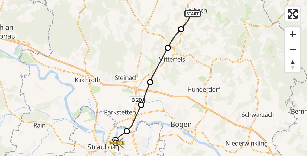 Flugroute Rettungshubschrauber Haibach - Sankt Elisabeth Hospital Straubing, 02 Mai 2026, 15:02