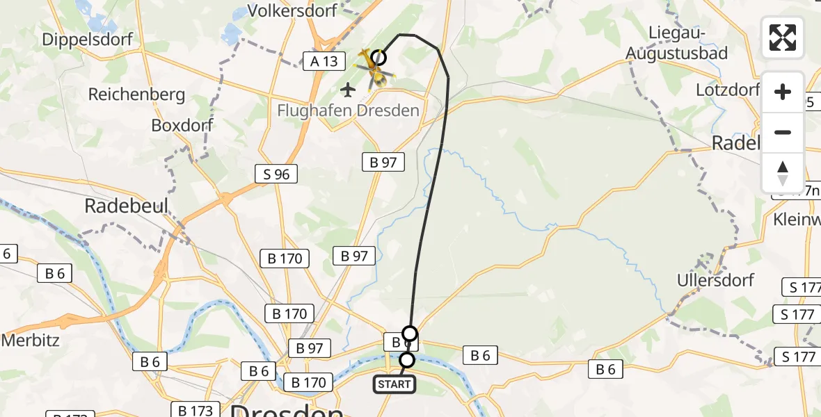 Flugroute Rettungshubschrauber Dresden University Hospital - Dresden Bundespolizei Hubschrauberlandeplatz, 02 Mai 2026, 15:03
