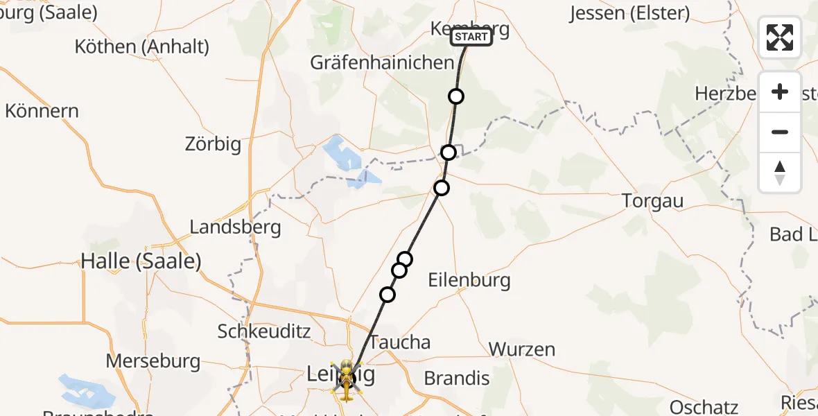 Flugroute Rettungshubschrauber Kemberg - Leipzig University Hospital Heliport 1, 02 Mai 2026, 15:11