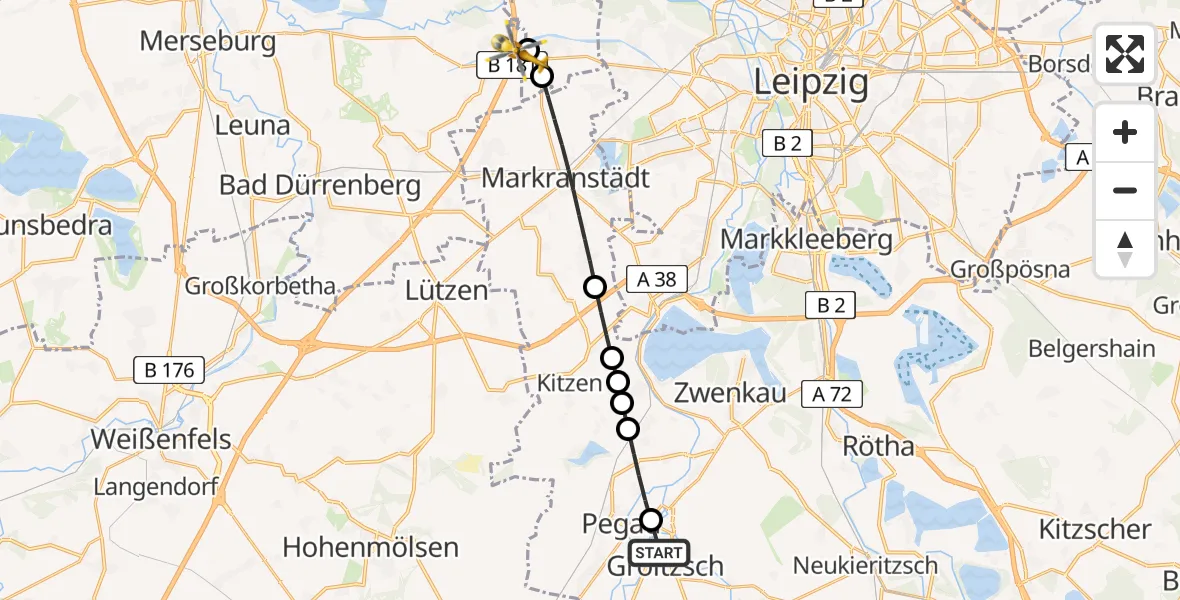 Flugroute Rettungshubschrauber Groitzsch - ADAC Air Rescue Station Leipzig/Schkeuditz-Dölzig Hubschrauberlandeplatz (Christoph 61), 02 Mai 2026, 15:14