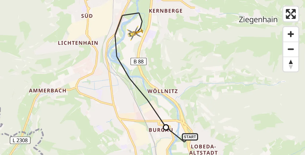 Flugroute Ambulanzhubschrauber Lobeda Hubschrauberlandeplatz - Jena, 02 Mai 2026, 15:19