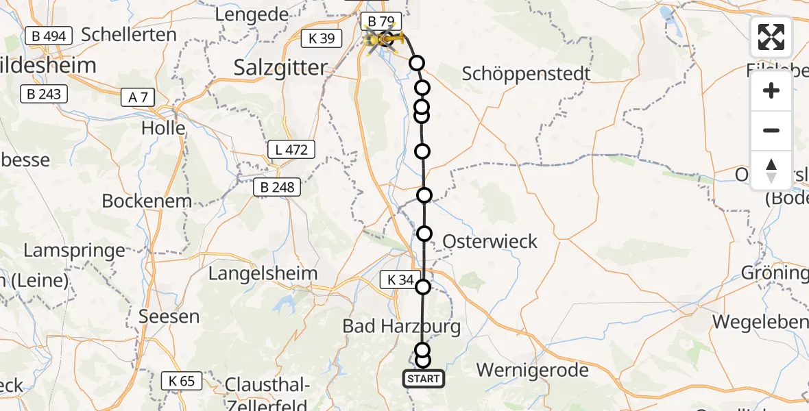 Flugroute Rettungshubschrauber Wernigerode - Wolfenbüttel Municipal Hospital Heliport (Christoph 30), 02 Mai 2026, 15:27