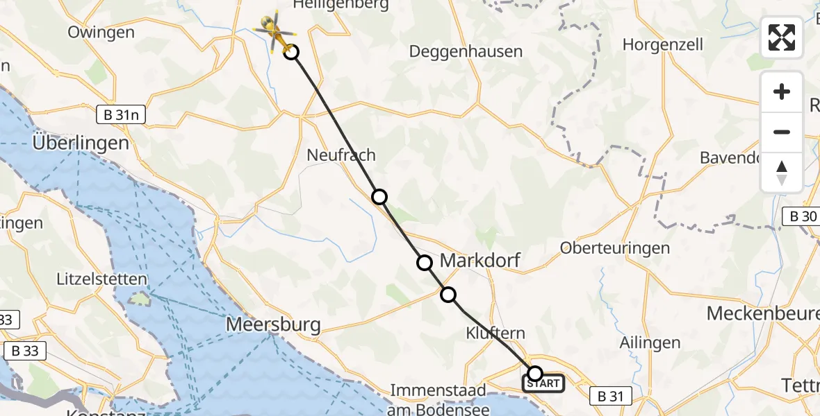 Flugroute Rettungshubschrauber Friedrichshafen Hospital - Frickingen, 02 Mai 2026, 15:33