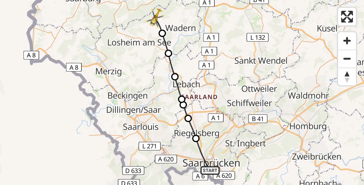 Flugroute Rettungshubschrauber Saarbrücken - Weiskirchen, 02 Mai 2026, 15:35