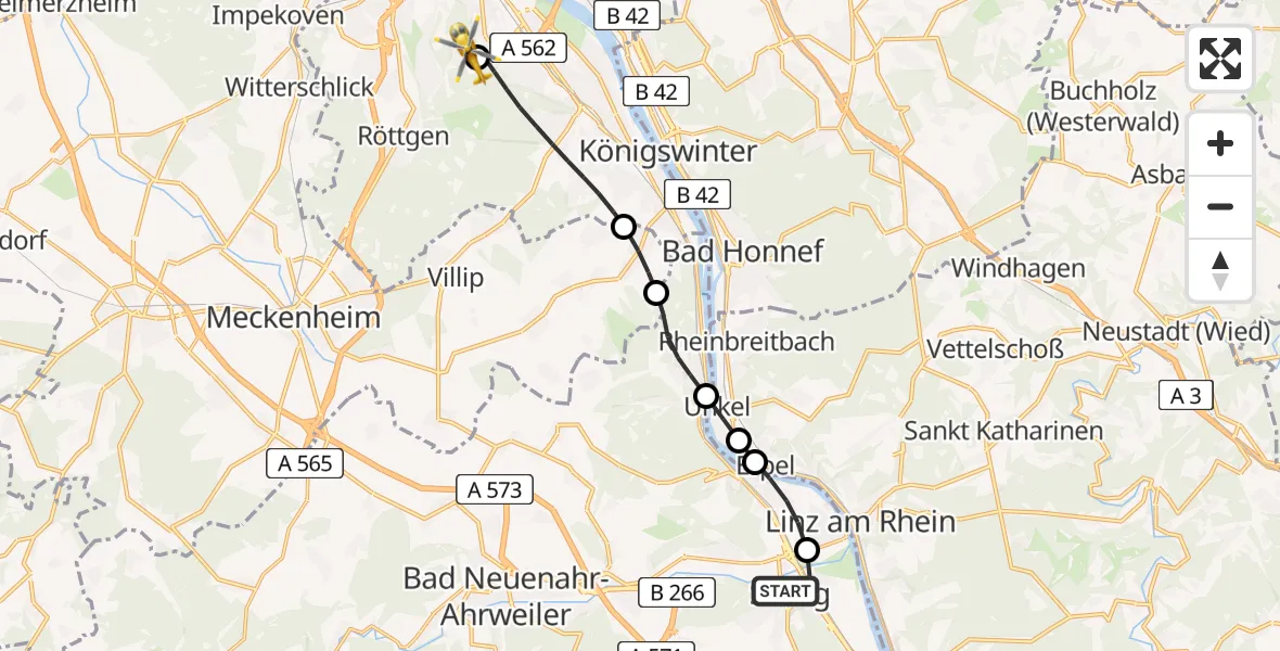 Flugroute Rettungshubschrauber Sinzig - Bonn University Hospital, 02 Mai 2026, 15:35