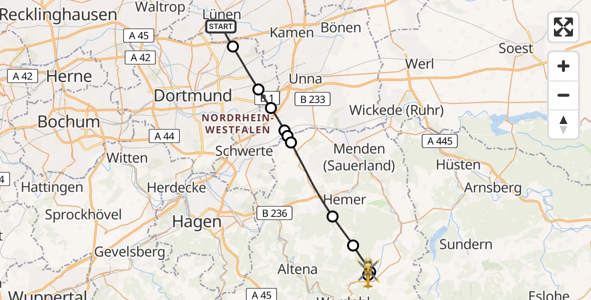 Flugroute Rettungshubschrauber Lünen - Neuenrade, 02 Mai 2026, 15:36