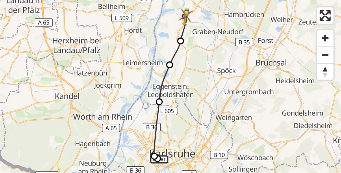 Flugroute Rettungshubschrauber Sankt Vincentius Hospital - Dettenheim, 02 Mai 2026, 15:37