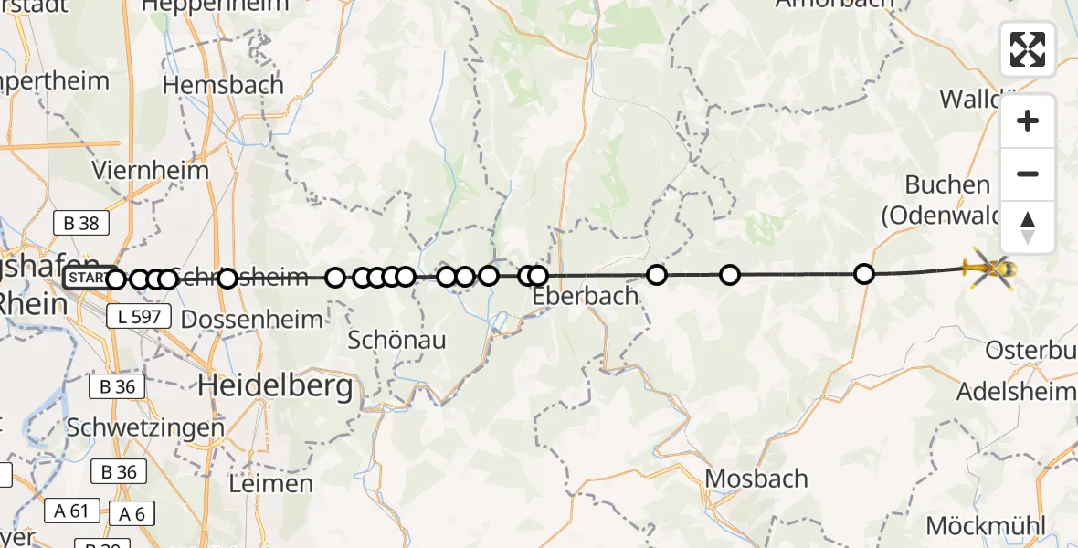 Flugroute Rettungshubschrauber Mannheim-City Flughafen - Buchen (Odenwald), 02 Mai 2026, 15:38