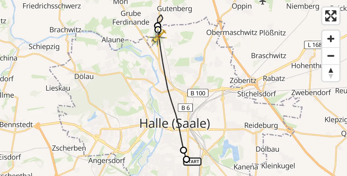 Flugroute Rettungshubschrauber BG Hospital Bergmannstrost Halle - Halle (Saale), 02 Mai 2026, 15:38