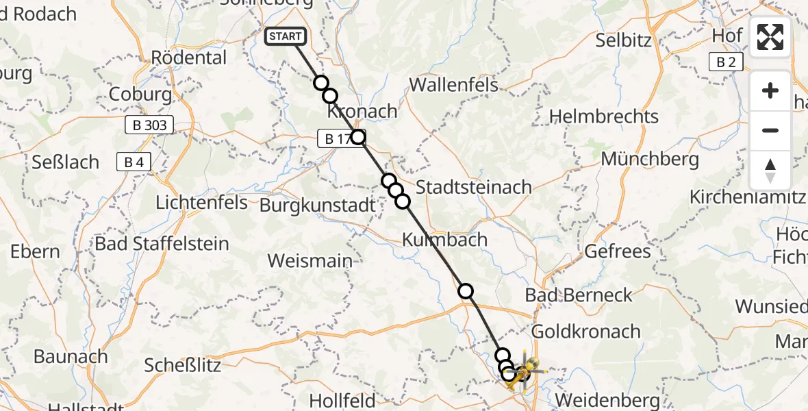 Flugroute Rettungshubschrauber Föritztal - Hohe Warte Hospital, 02 Mai 2026, 15:45