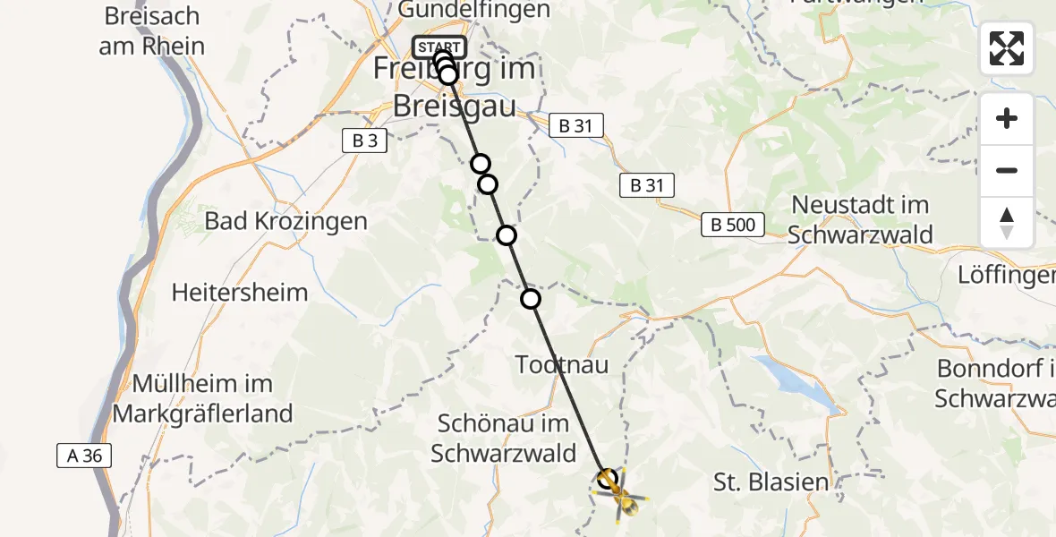 Flugroute Rettungshubschrauber Freiburg im Breisgau Flugplatz - Todtmoos, 02 Mai 2026, 15:53