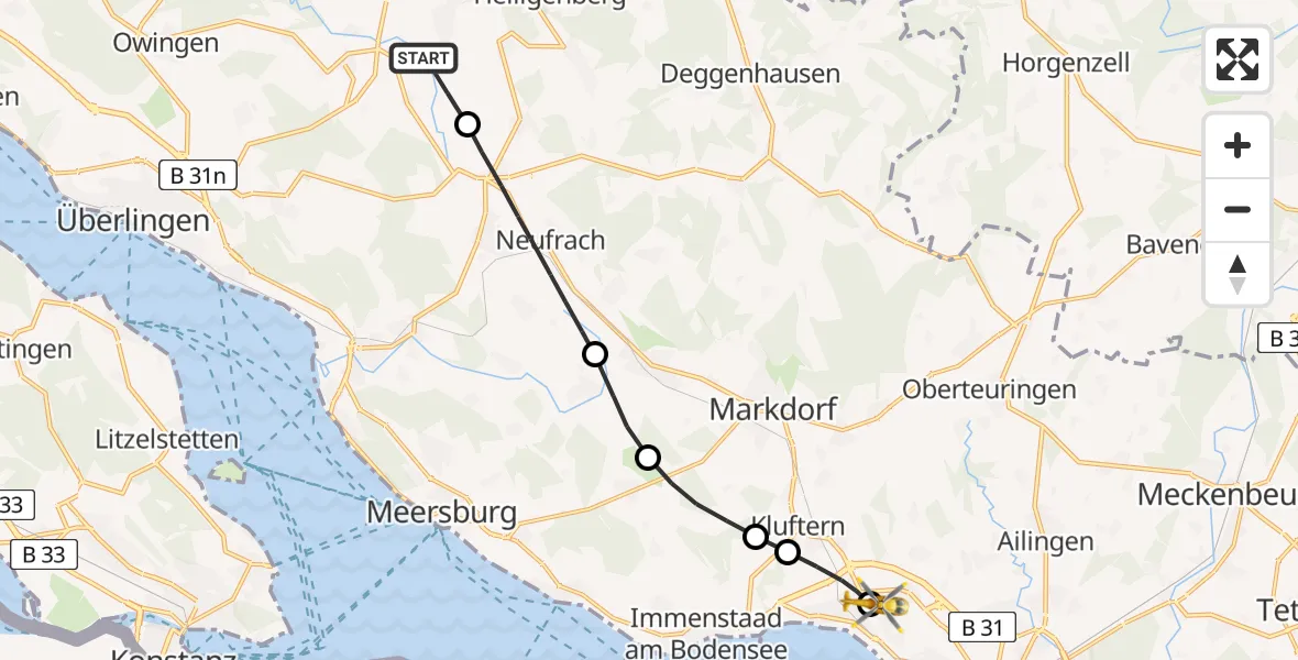 Flugroute Rettungshubschrauber Frickingen - Friedrichshafen Hospital, 02 Mai 2026, 16:00
