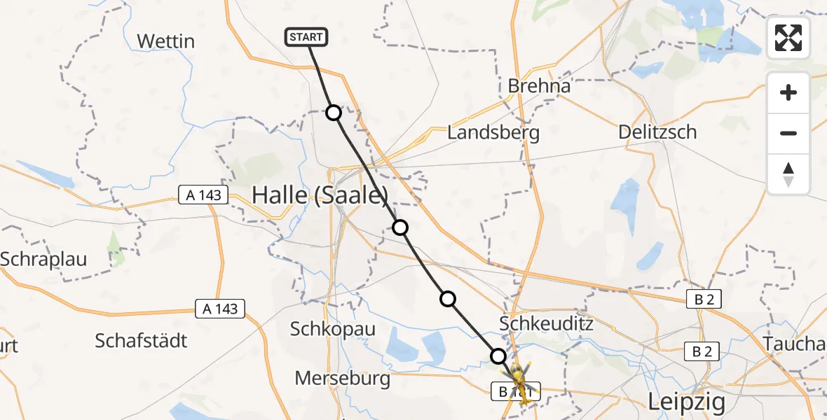 Flugroute Rettungshubschrauber Petersberg - ADAC Air Rescue Station Leipzig/Schkeuditz-Dölzig Hubschrauberlandeplatz (Christoph 61), 02 Mai 2026, 16:04