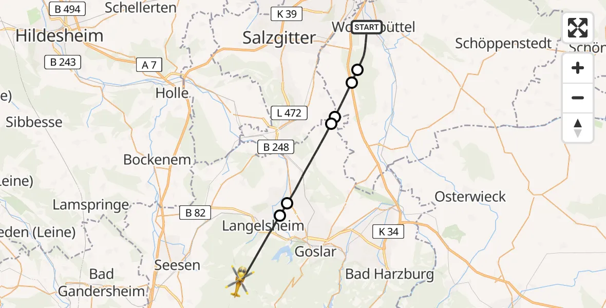 Flugroute Rettungshubschrauber Wolfenbüttel - Langelsheim, 02 Mai 2026, 16:05