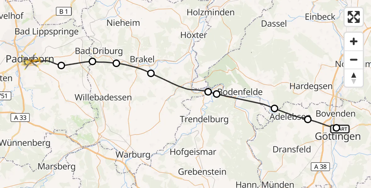 Flugroute Rettungshubschrauber Göttingen University Clinic Hubschrauberlandeplatz - Paderborn, 02 Mai 2026, 16:06