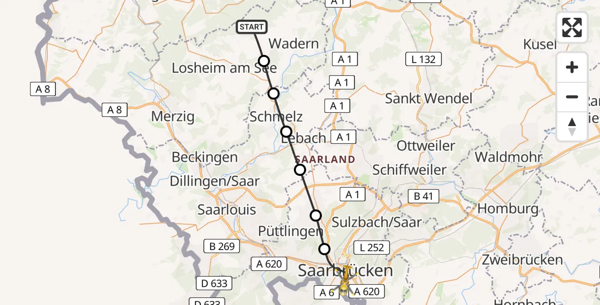 Flugroute Rettungshubschrauber Weiskirchen - Saarbrücken, 02 Mai 2026, 16:06