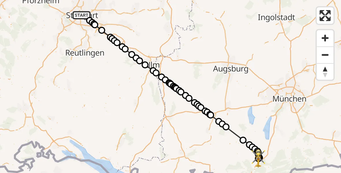 Flugroute Rettungshubschrauber Stuttgart - Murnau Accident Hospital, 02 Mai 2026, 16:07