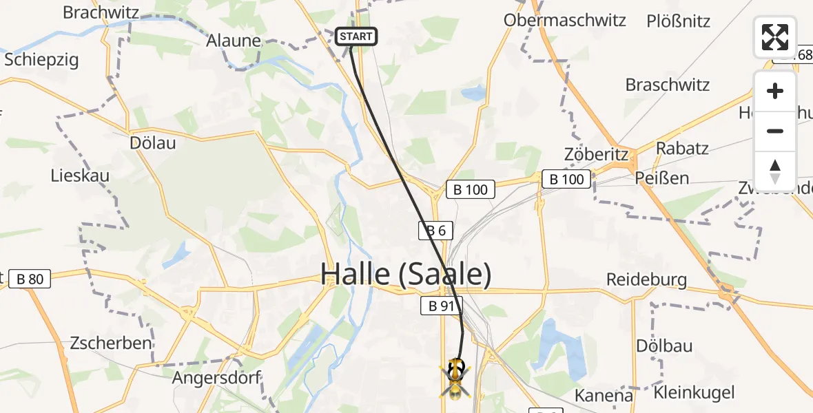 Flugroute Rettungshubschrauber Halle (Saale) - BG Hospital Bergmannstrost Halle, 02 Mai 2026, 16:08