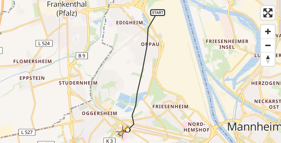 Flugroute Rettungshubschrauber Ludwigshafen am Rhein - Ludwigshafen Accident Hospital, 02 Mai 2026, 16:24