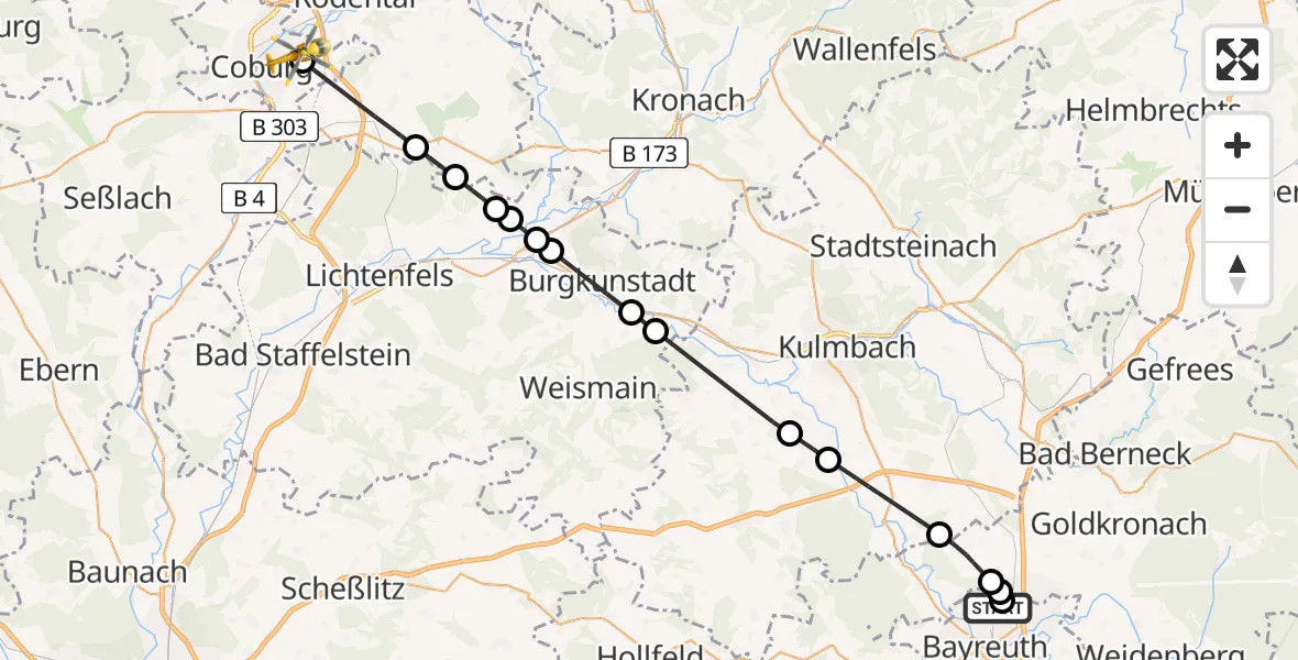 Flugroute Rettungshubschrauber Hohe Warte Hospital - Coburg-Brandensteinsebene Flugplatz, 02 Mai 2026, 16:24