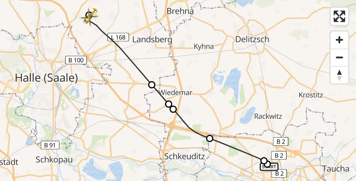 Flugroute Rettungshubschrauber Sankt Georg Hospital Leipzig Reserve - Halle-Oppin Flugplatz, 02 Mai 2026, 16:26