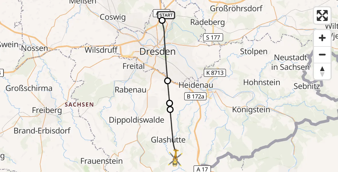 Flugroute Rettungshubschrauber Dresden Flughafen - Altenberg, 02 Mai 2026, 16:28