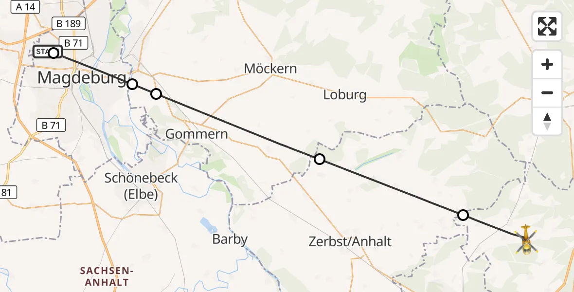 Flugroute Rettungshubschrauber Magdeburg Hospital - Coswig (Anhalt), 02 Mai 2026, 16:29