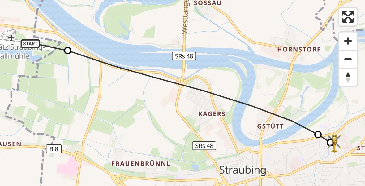 Flugroute Rettungshubschrauber Straubing Flughafen - Sankt Elisabeth Hospital Straubing, 02 Mai 2026, 16:32