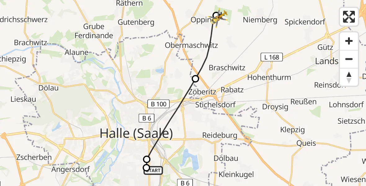 Flugroute Rettungshubschrauber BG Hospital Bergmannstrost Halle - Halle-Oppin Flugplatz, 02 Mai 2026, 16:34