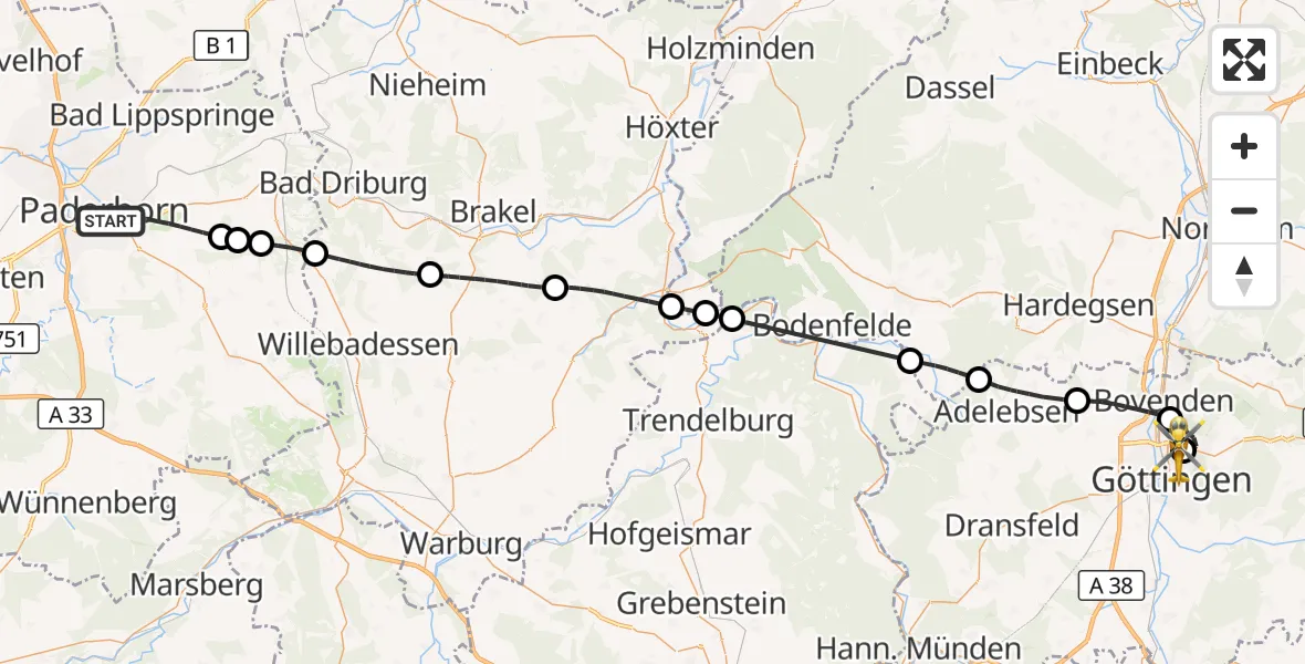 Flugroute Rettungshubschrauber Paderborn - Göttingen University Clinic Hubschrauberlandeplatz, 02 Mai 2026, 16:36