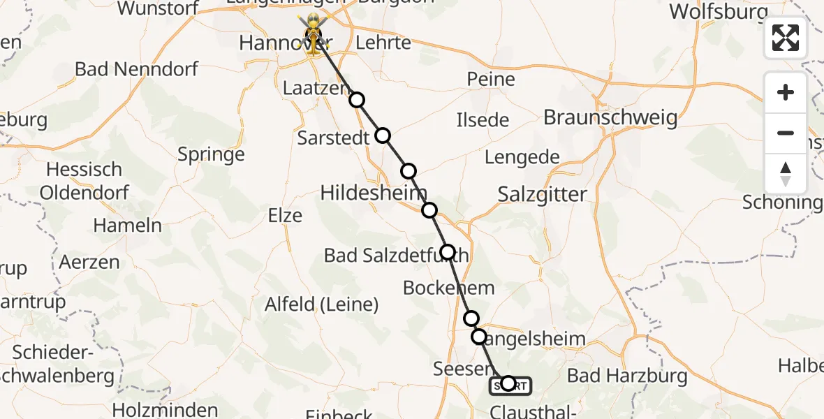 Flugroute Rettungshubschrauber Langelsheim - Hannover Luftrettung Hubschrauberlandeplatz (Christoph 4), 02 Mai 2026, 16:37