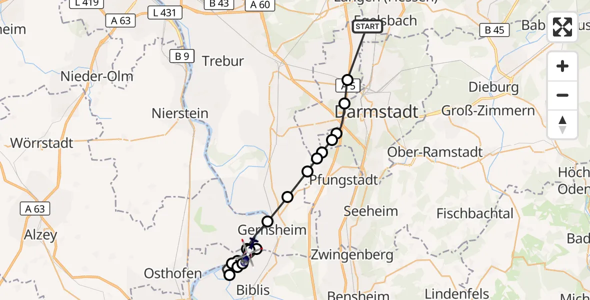 Flugroute Polizeihubschrauber Flughafen Frankfurt-Egelsbach - Groß-Rohrheim, 02 Mai 2026, 16:47