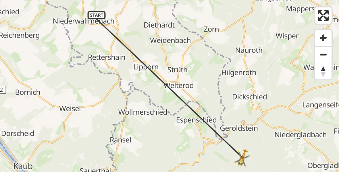 Flugroute Rettungshubschrauber Oberwallmenach - Oestrich-Winkel, 02 Mai 2026, 16:54