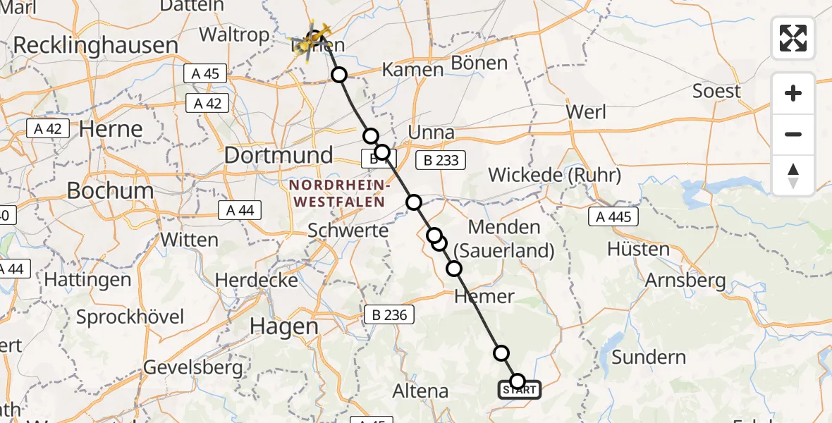 Flugroute Rettungshubschrauber Werdohl-Küntrop Flugplatz - Sankt Marien Hospital, 02 Mai 2026, 16:59