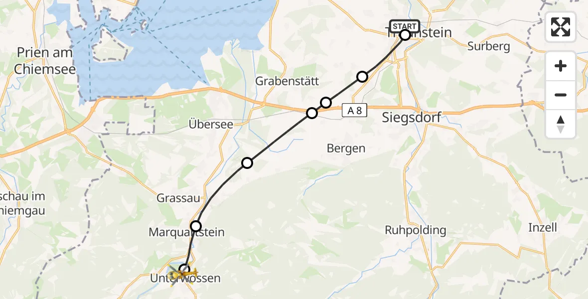 Flugroute Rettungshubschrauber Traunstein Hospital - Unterwössen, 02 Mai 2026, 17:02