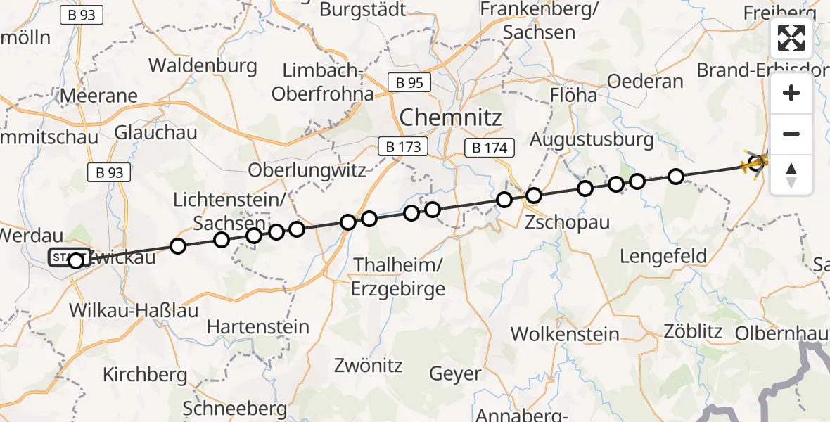 Flugroute Rettungshubschrauber ADAC Air Rescue Station Zwickau Hubschrauberlandeplatz - Großhartmannsdorf, 02 Mai 2026, 17:04