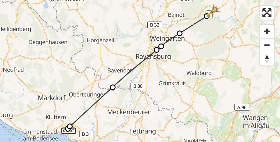 Flugroute Rettungshubschrauber Friedrichshafen Hospital - Bergatreute, 02 Mai 2026, 17:06
