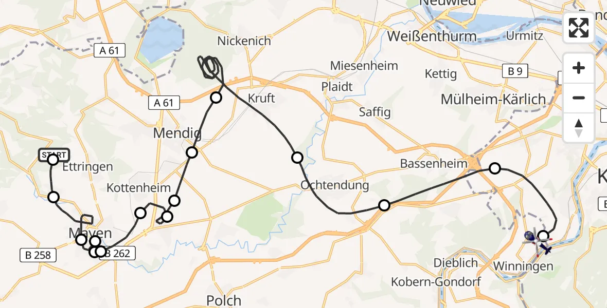 Flugroute Polizeihubschrauber Ettringen - Koblenz-Winningen Flugplatz, 02 Mai 2026, 17:08