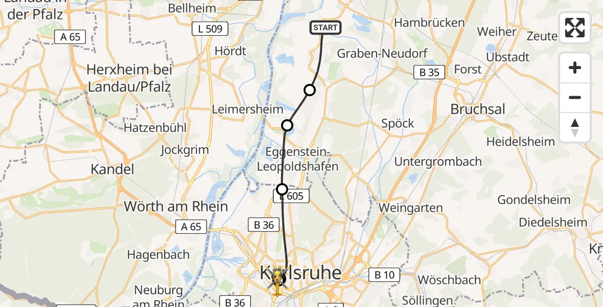 Flugroute Rettungshubschrauber Dettenheim - Sankt Vincentius Hospital, 02 Mai 2026, 17:16