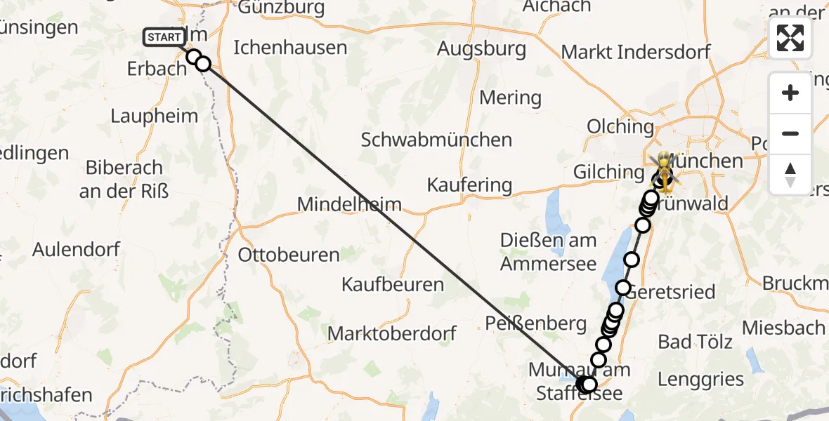 Flugroute Rettungshubschrauber Ulm - DRF Air Rescue München Hubschrauberlandeplatz, 02 Mai 2026, 17:16