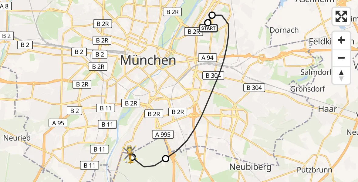 Flugroute Rettungshubschrauber München Bogenhausen Hospital - ADAC Air Rescue Center Hubschrauberlandeplatz (Christoph 1), 02 Mai 2026, 17:17