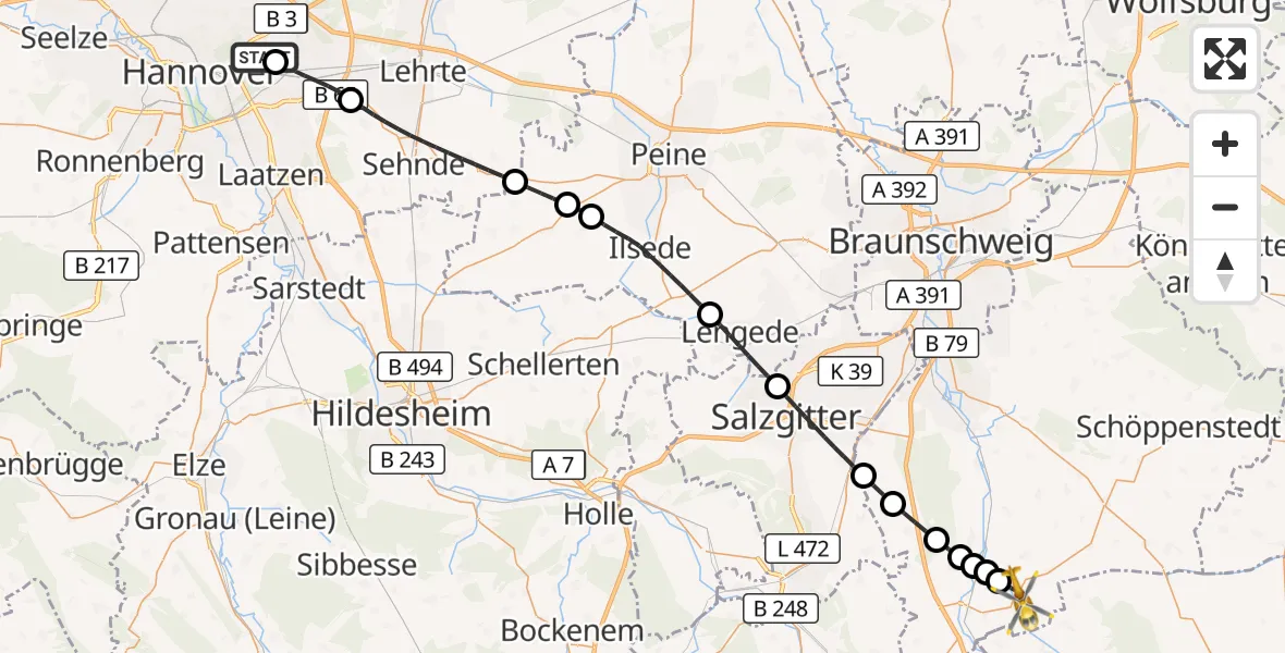 Flugroute Rettungshubschrauber Hannover Luftrettung Hubschrauberlandeplatz (Christoph 4) - Schladen-Werla, 02 Mai 2026, 17:28