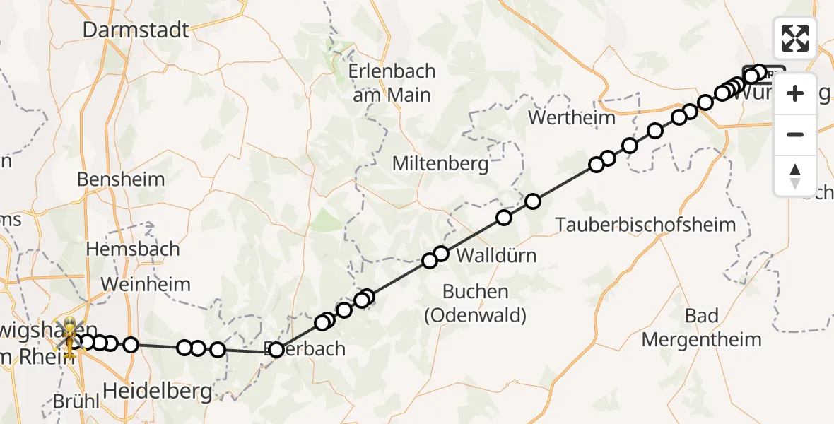 Flugroute Rettungshubschrauber Würzburg-Schenkenturm Flugplatz - Mannheim-City Flughafen, 02 Mai 2026, 17:29