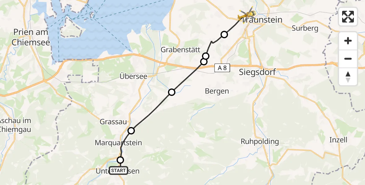 Flugroute Rettungshubschrauber Unterwössen - Traunstein Hospital, 02 Mai 2026, 17:30